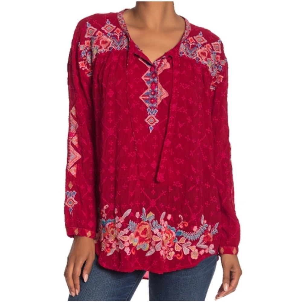 Johnny Was Gina Embroidered Blouse Red Sz M